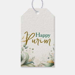 Sage Gold Foliage Watercolor Happy Purim Gift Tag