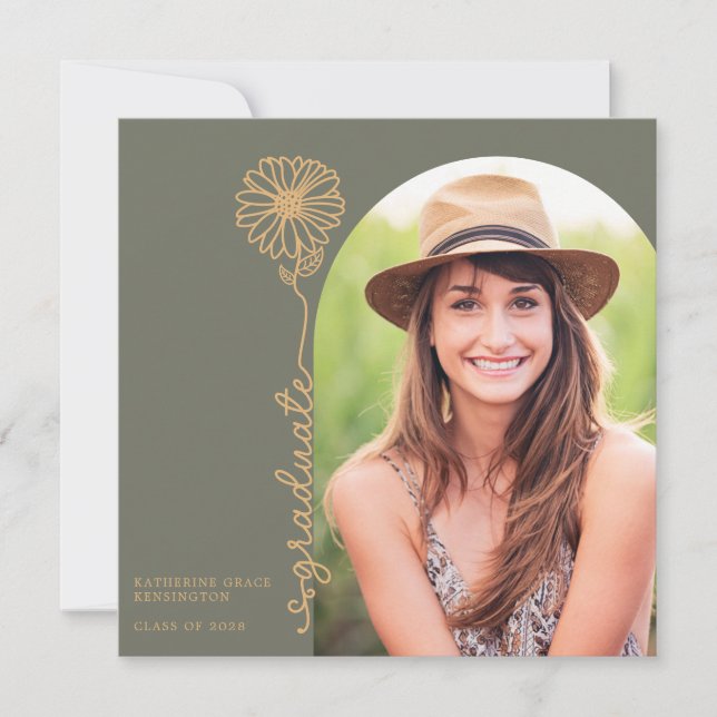 Sage Gold Handwritten Floral Photo Graduation Invitation (Front)