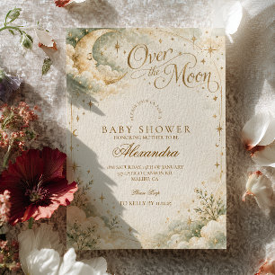 Sage Gold Over the Moon Baby Shower Invitation