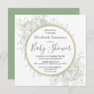 Sage & Gold Peony Modern Floral Toile Baby Shower Invitation