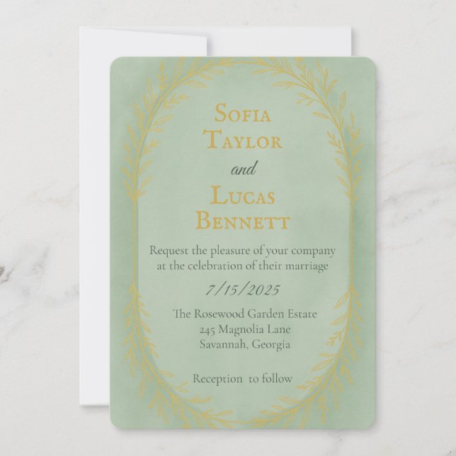 Sage Gold Romantic Botanical Frame Invitation (Front)