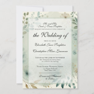 Sage Gold Watercolor Botanical Formal Wedding Invitation
