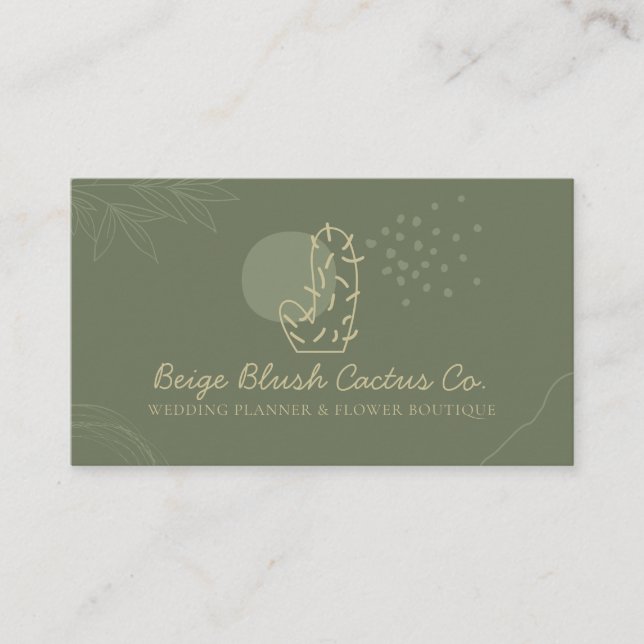 Sage Gold Wedding Calligraphy Flower Cacti Business Card (Front)