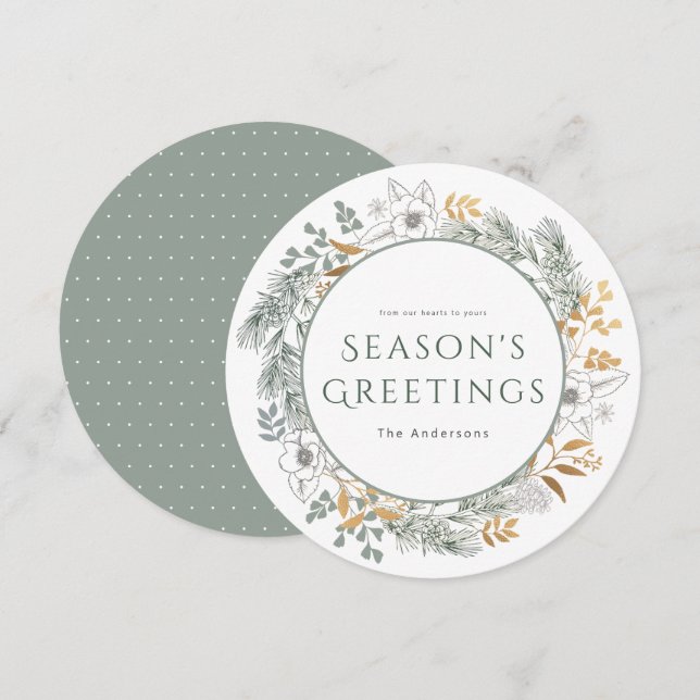Sage Gold Wreath Season's Greetings Holiday Card (Front/Back)