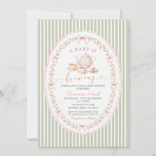 Sage Grandmillenial Pink Tea Baby Shower Invitation
