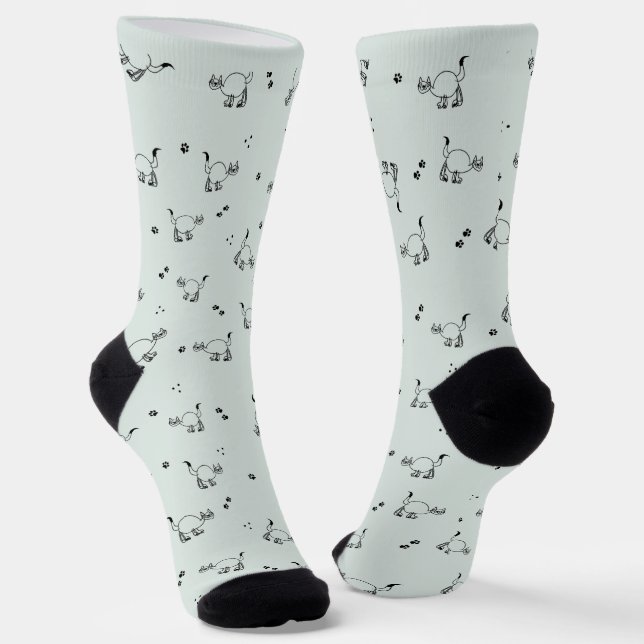 Sage Gray Green Cat Line Art Pattern Socks (Angled)