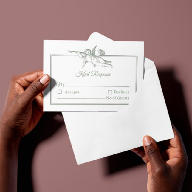 Sage Gray Toile de Jouy Cherub Wedding RSVP Card (Creator Uploaded)