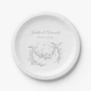 Sage Gray Toile de Jouy Wedding Paper Plates