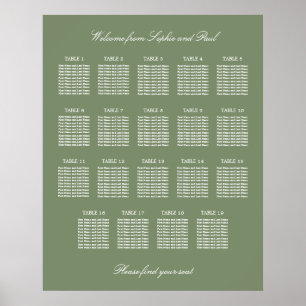 Sage Green 19 Table Wedding Seating Chart Poster