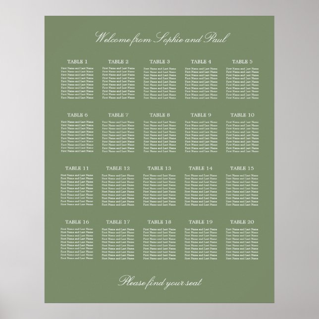 Sage Green 20 Table Wedding Seating Chart Poster (Front)