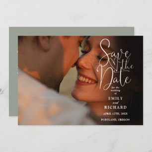 Sage Green 2 Photo Elegant Script Wedding QR Code Save The Date