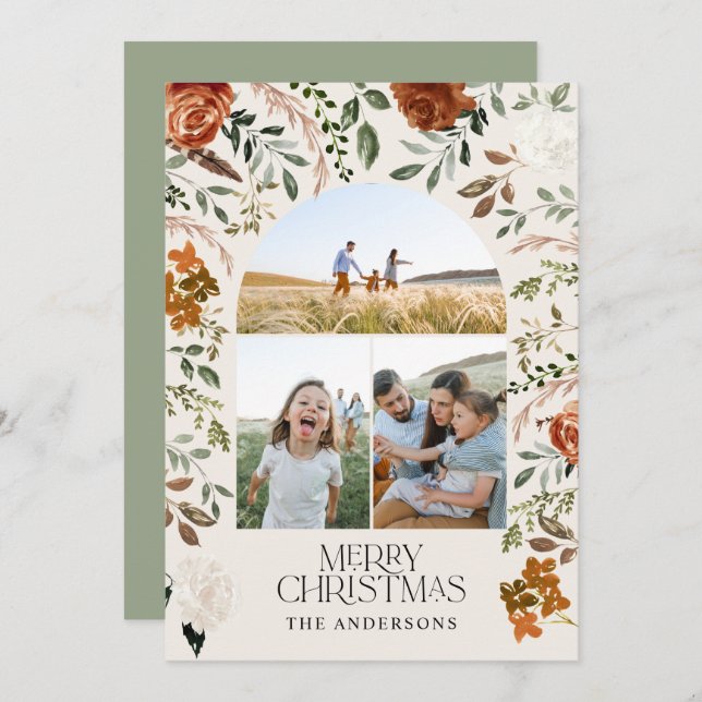 Sage green 3 photo botanical elegant arch holiday (Front/Back)