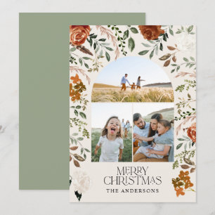 Sage green 3 photo botanical elegant arch holiday card