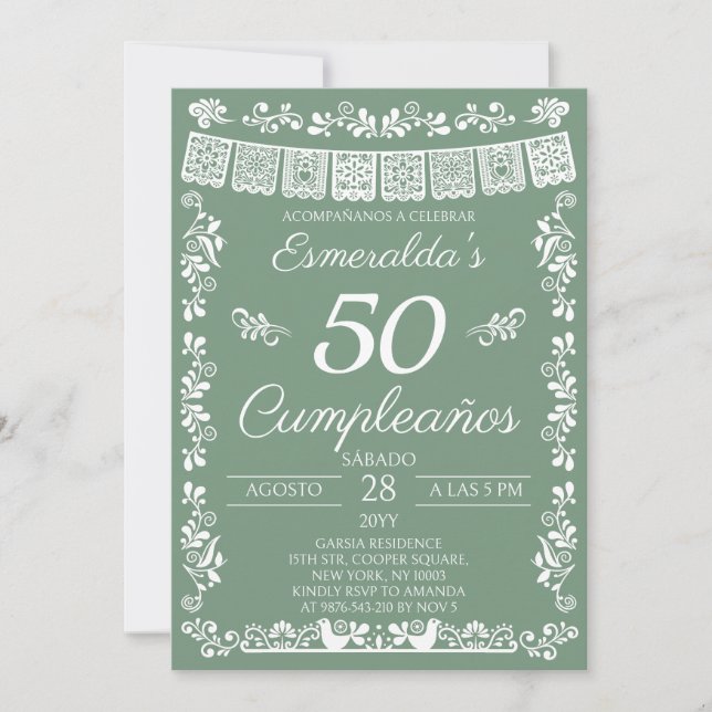Sage Green 50 Cumpleaños Birthday Party Invitation (Front)