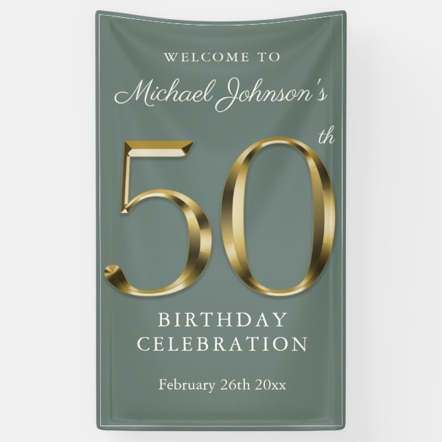 Sage Green 50th Birthday Solid Gold Typography Banner (Vertical)