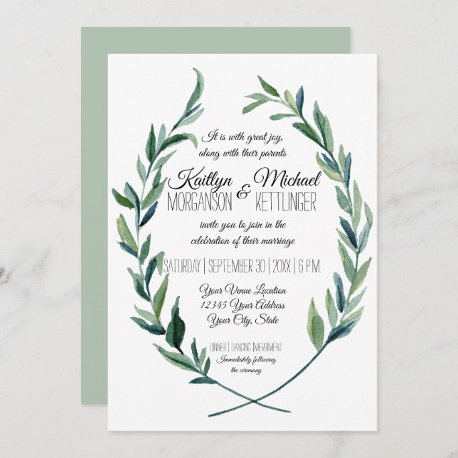 Sage Green 5X7 Laurel Wreath Olive Leaf Modern Invitation (Front/Back)