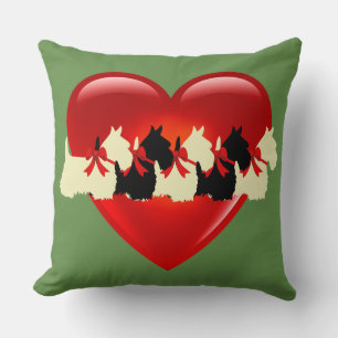 Sage green, 6 Scottish Terrier dog, red heart Cushion
