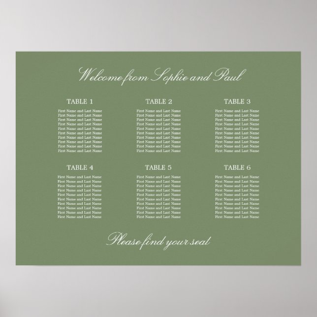 Sage Green 6 Table Wedding Seating Chart Poster (Front)