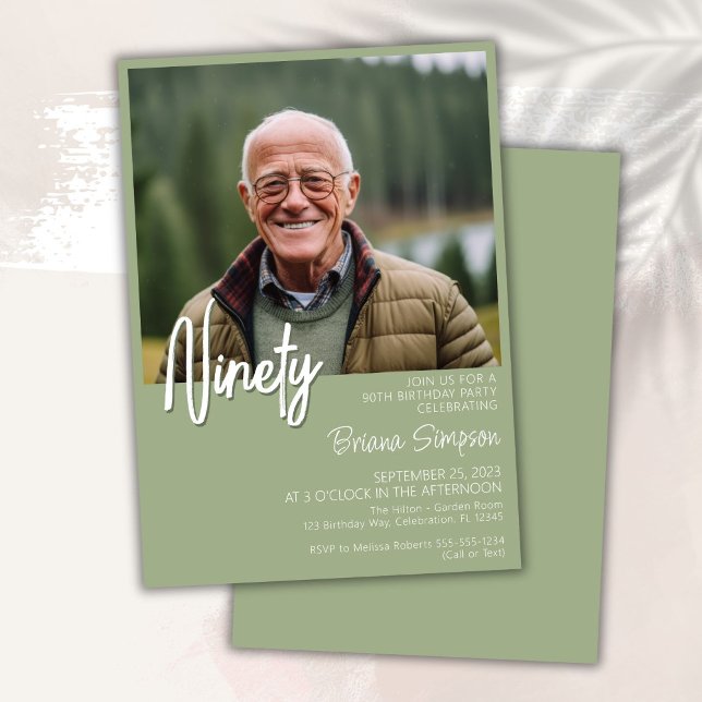 Sage Green 90th Birthday Photo Invitation (Creator Uploaded)
