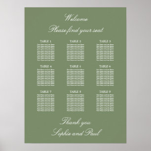 Sage Green 9 Table Wedding Seating Chart Poster