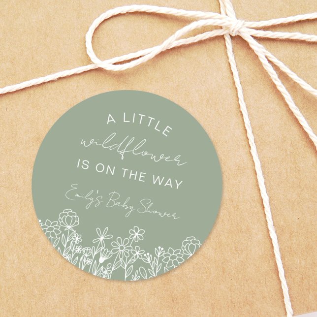 Sage Green A Little Wildflower Baby Shower Classic Round Sticker (Creator Uploaded)
