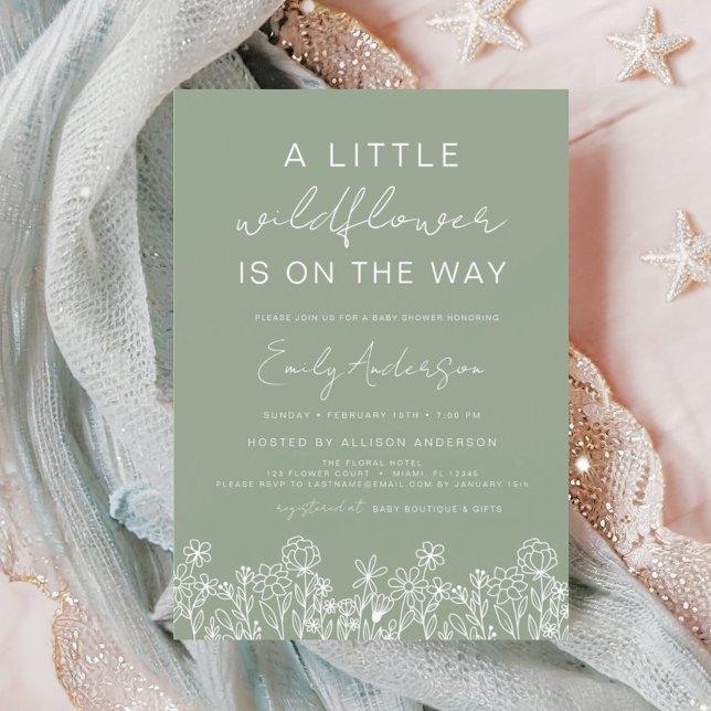 Sage Green A Little Wildflower Baby Shower Invitation (Creator Uploaded)