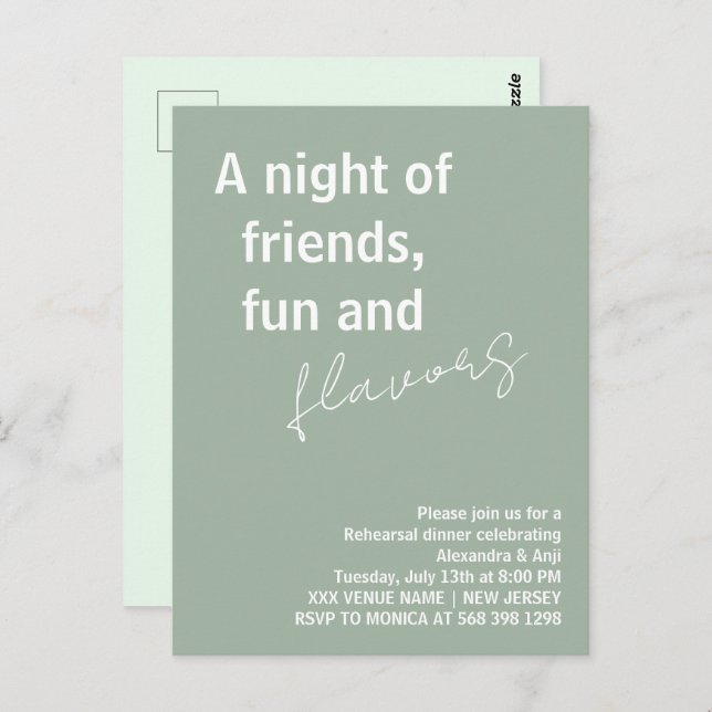 Sage Green a night of fun friends Rehearsal Dinner Postcard (Front/Back)
