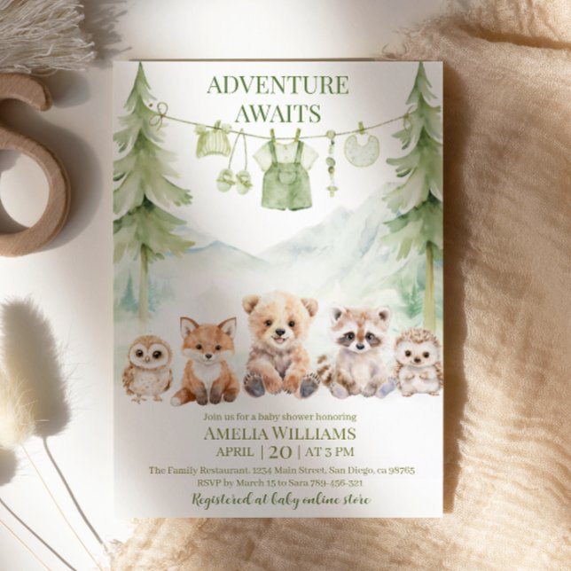 Sage Green Adventure Awaits Woodland Baby Shower Invitation (Creator Uploaded)