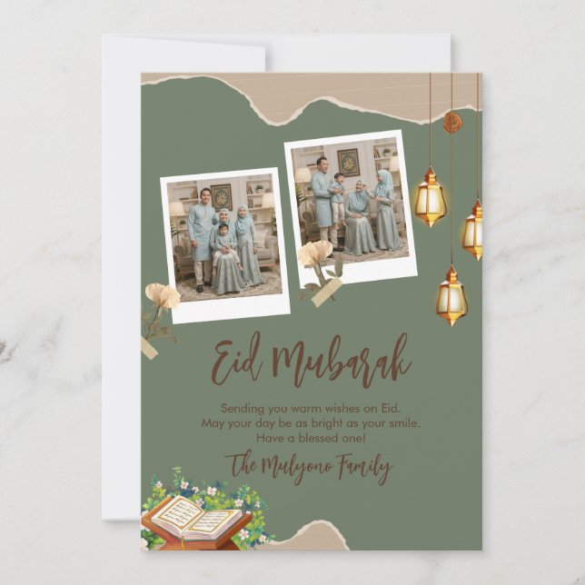 Sage Green Aesthetic Eid Mubarak Card with Photo (Front)