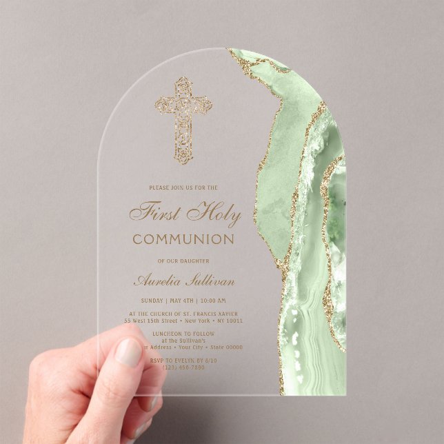 Sage Green Agate First Communion Acrylic Invitations (Insitu (Handheld))