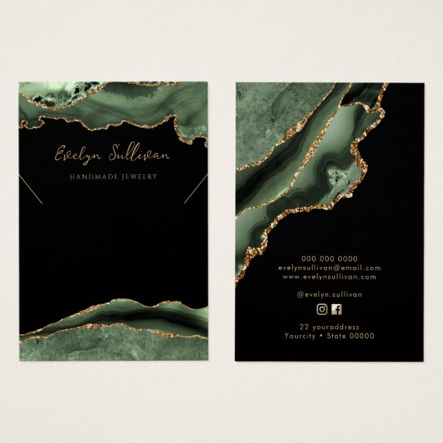 sage green agate necklace display card (Front & Back)