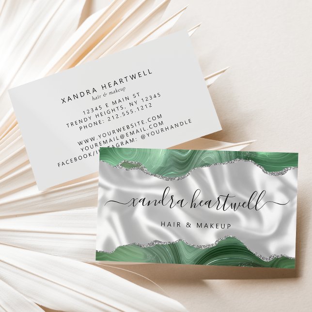 Sage Green Agate Silver Glitter Luxury Business Card (Creator Uploaded)