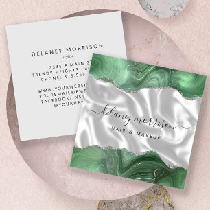 Sage Green Agate Silver Glitter White Luxury Square Business Card