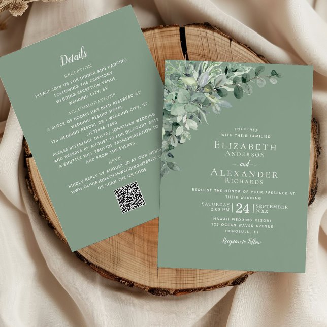Sage Green All in One Eucalyptus QR Code Wedding Invitation (Creator Uploaded)