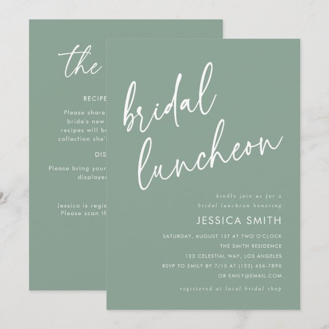 Sage Green All-in-One QR Code Bridal Luncheon Invitation (Front/Back)