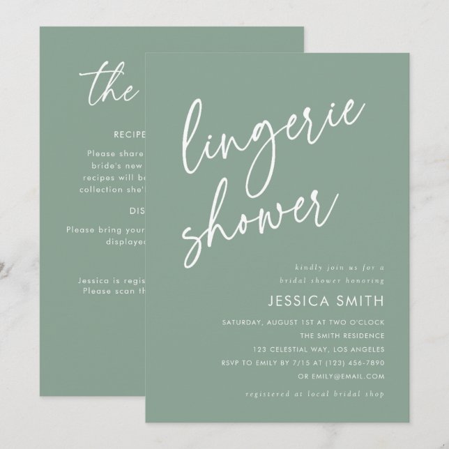 Sage Green All-in-One QR Code Lingerie Shower Invitation (Front/Back)