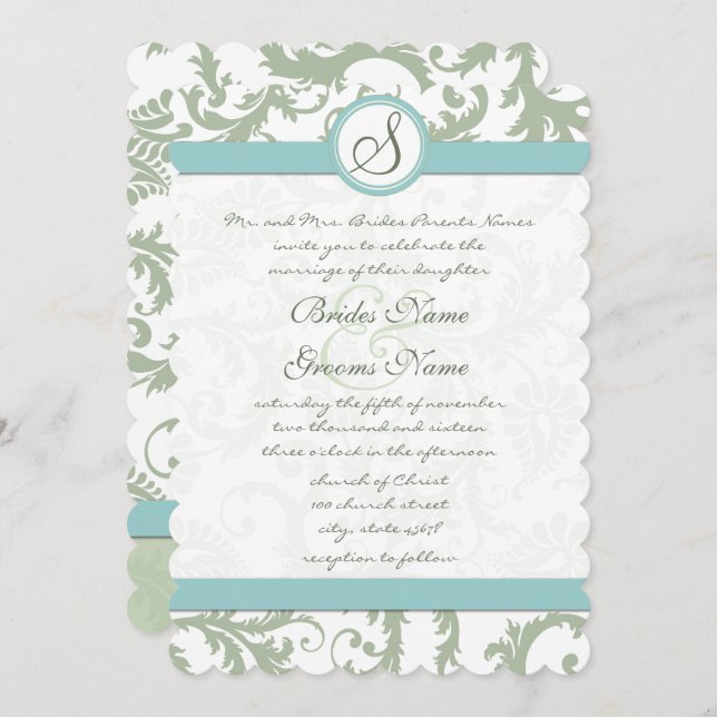 Sage Green and Aqua Damask Wedding Invite (Front/Back)