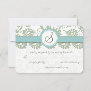Sage Green and Aqua Damask Wedding RSVP Card