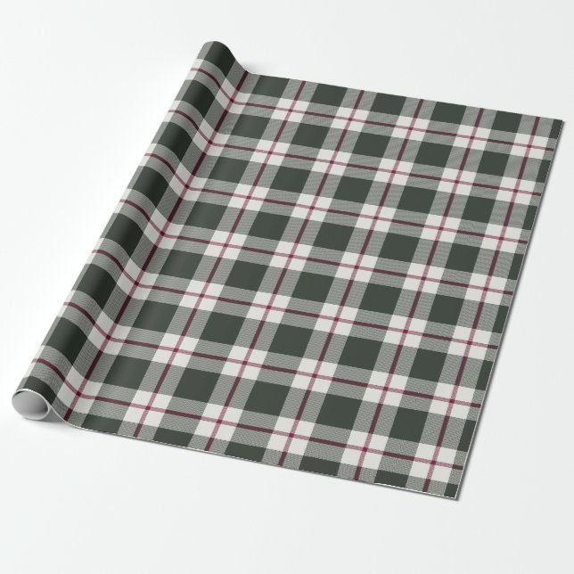 Sage Green and Berry Red Plaid Christmas Holiday Wrapping Paper (Unrolled)