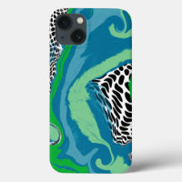 Sage Green and Blue, Black and White Dots Abstract