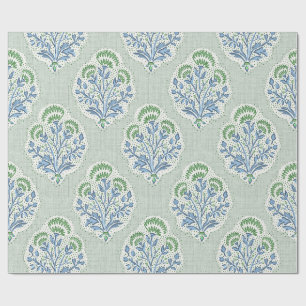 Sage Green and Blue Block Print Floral Wrapping Paper