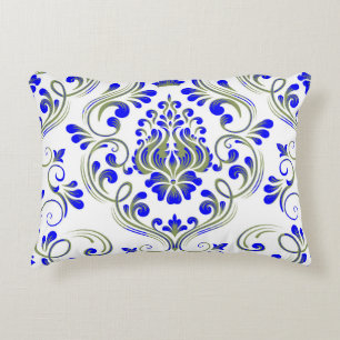 Sage Green and Blue Damask Floral Pattern Elegant  Decorative Cushion