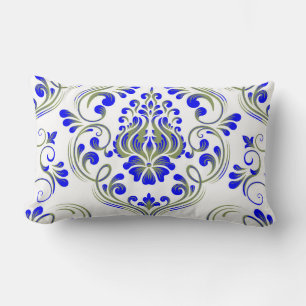 Sage Green and Blue Damask Floral Pattern Elegant Lumbar Cushion