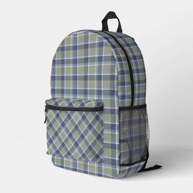 Sage Green and Blue Plaid Pattern Printed Backpack (Back Corner Right)
