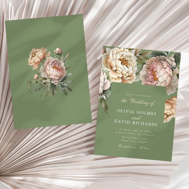 Sage Green and Blush Pink Peony Wedding Invitation (Sage Green and Blush Pink Peony Wedding Invitation (front & back) on a sunny neutral dry palm leaf )