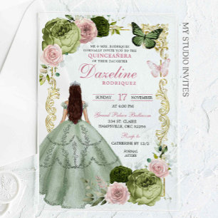 Sage Green and Blush Princess Quinceanera Acrylic Invitations