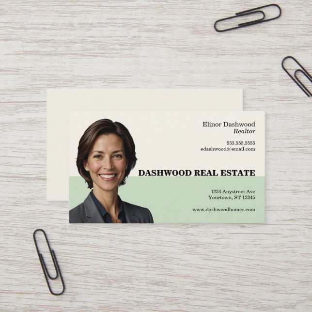Sage Green and Buff Colour Blocks Real Estate Business Card (Front/Back In Situ)