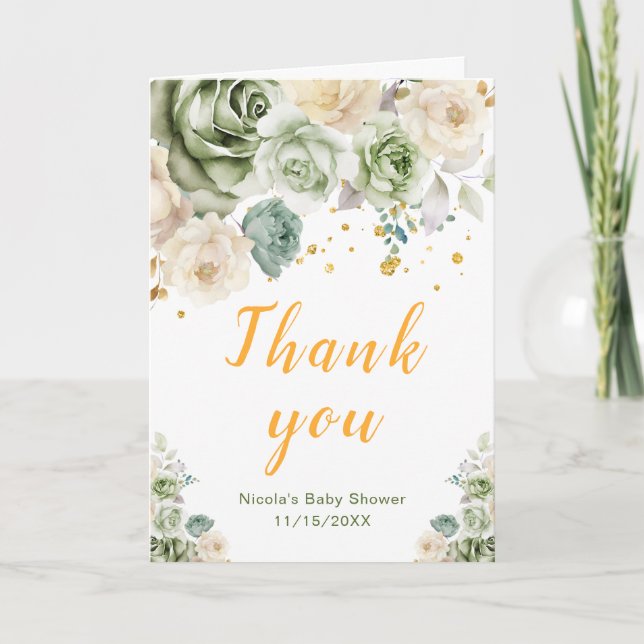 Sage Green and Cream Floral Baby Shower Thank You Card (Front)
