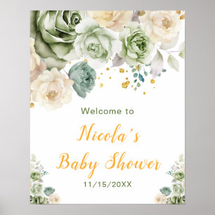 Sage Green and Cream Floral Baby Shower Welcome Poster