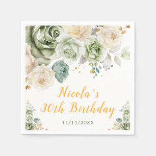 Sage Green and Cream Floral Birthday Napkin